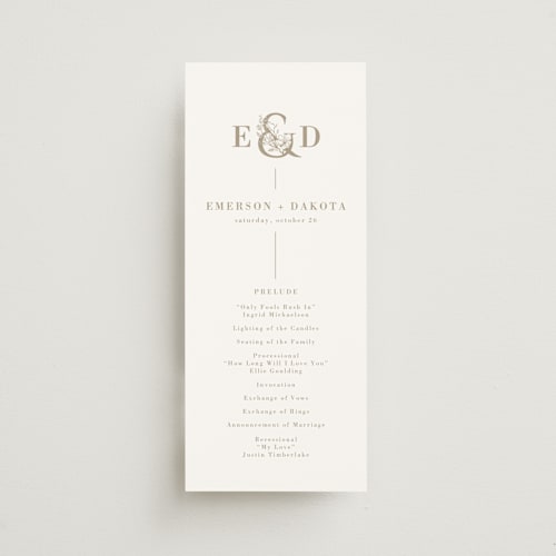 This is a toffee unique wedding programs with standard by Amanda Day called floral ampersand monogram printing on signature in standard