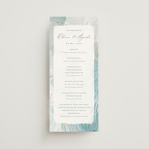 This is a aqua unique wedding programs with standard by Hooray Creative called tidal wave printing on signature in standard