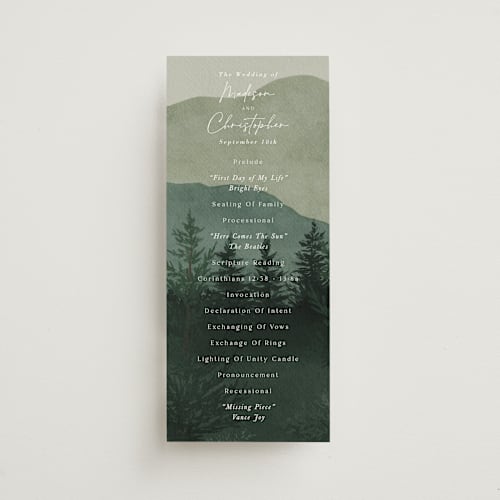 This is a jade unique wedding programs with standard by Elly called the forest printing on signature in 4x9