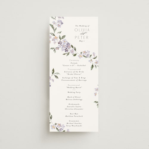This is a periwinkle unique wedding programs with standard by Itsy Belle Studio called sweeping vine printing on signature in standard