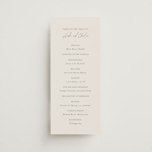 This is a buff unique wedding programs with standard by Sara Hicks Malone called happily ever after printing on signature in standard