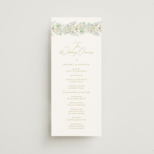 This is a greenery unique wedding programs with standard by Phrosné Barwood called floral arch printing on signature in standard