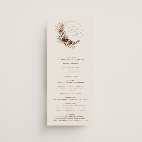 This is a cabernet unique wedding programs with standard by Erin Deegan called dried floral wreath printing on signature in standard
