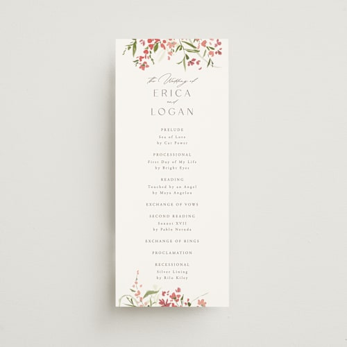 This is a garnet unique wedding programs with standard by Everett Paper Goods called fleur printing on signature in 4x9