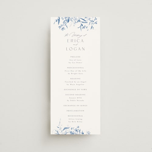 This is a cobalt unique wedding programs with standard by Everett Paper Goods called fleur printing on signature in 4x9