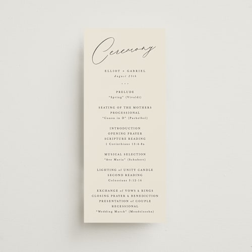 This is a ecru unique wedding programs with standard by Hooray Creative called scripted names printing on signature in 4x9