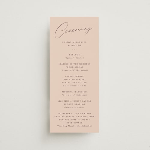This is a apricot unique wedding programs with standard by Hooray Creative called scripted names printing on signature in standard