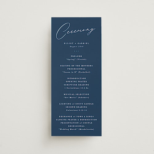 This is a navy unique wedding programs with standard by Hooray Creative called scripted names printing on signature in 4x9
