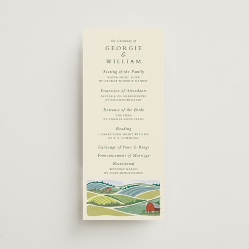 This is a barn unique wedding programs with standard by Paper Sun Studio called farm and field printing on signature in standard