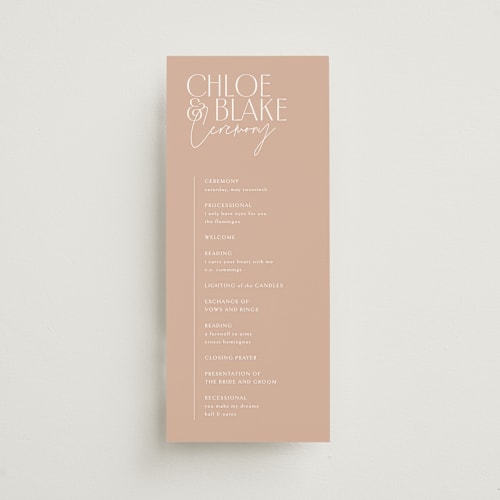 This is a terracotta unique wedding programs with standard by Kelly Schmidt called overlap printing on signature in standard