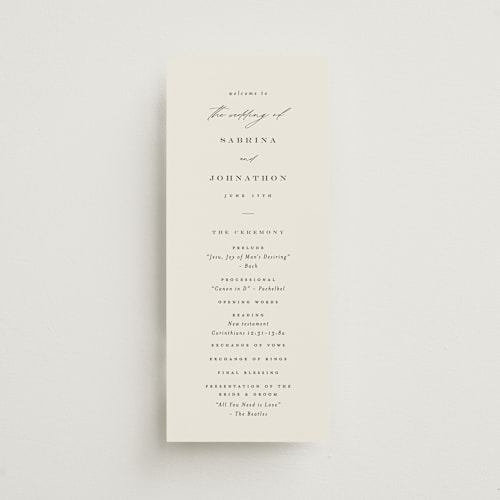 This is a ivory unique wedding programs with standard by Carolyn Nicks called softly swept printing on signature in standard
