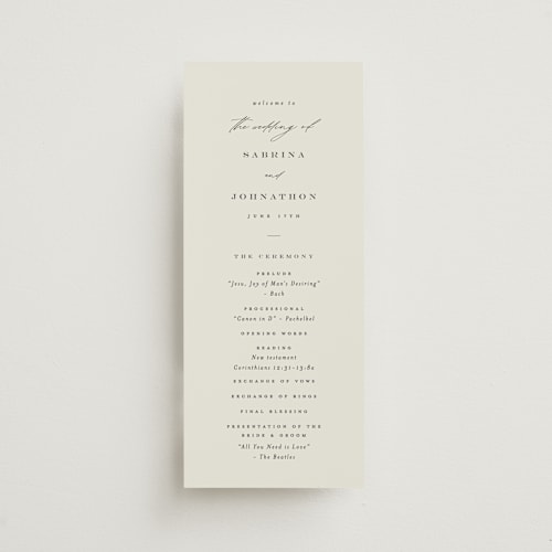 This is a ivory unique wedding programs with standard by Carolyn Nicks called softly swept printing on signature in 4x9