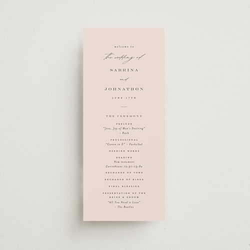 This is a blushing unique wedding programs with standard by Carolyn Nicks called softly swept printing on signature in 4x9