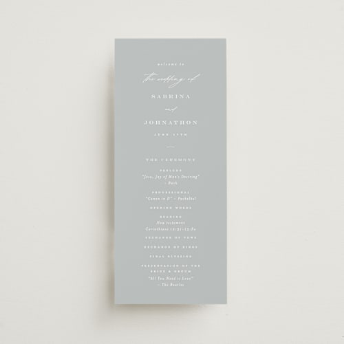 This is a dusty blue unique wedding programs with standard by Carolyn Nicks called softly swept printing on signature in 4x9