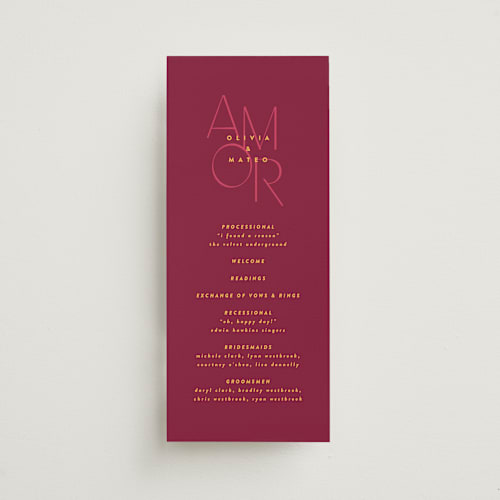 This is a caliente unique wedding programs with standard by Owl and Toad called amor printing on signature in standard