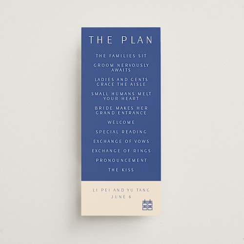 This is a marseille bleu unique wedding programs with standard by Deborah Chou called two toned printing on signature in standard