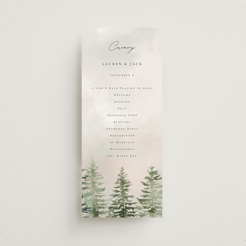 This is a forest unique wedding programs with standard by Petra Kern called montagna printing on signature in standard