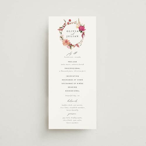 This is a magenta unique wedding programs with standard by Susan Moyal called lush printing on signature in standard