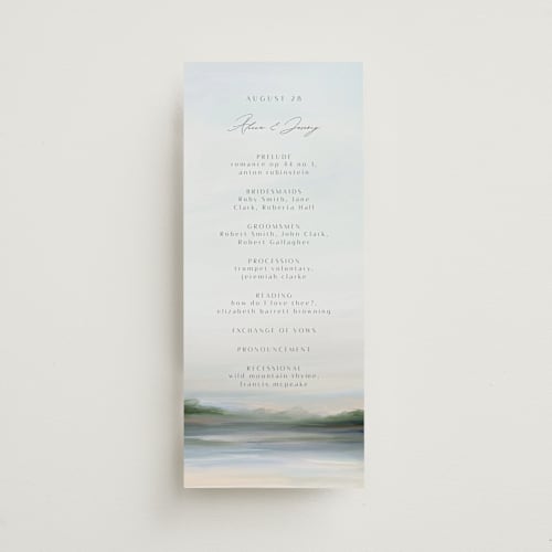 This is a sky unique wedding programs with standard by Nicole Walsh called calm water printing on signature in standard