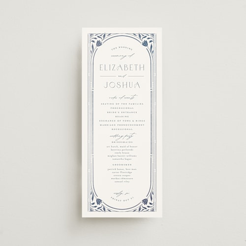 This is a delphinium unique wedding programs with standard by Ashley DeMeyere called nouveau frame printing on signature in standard