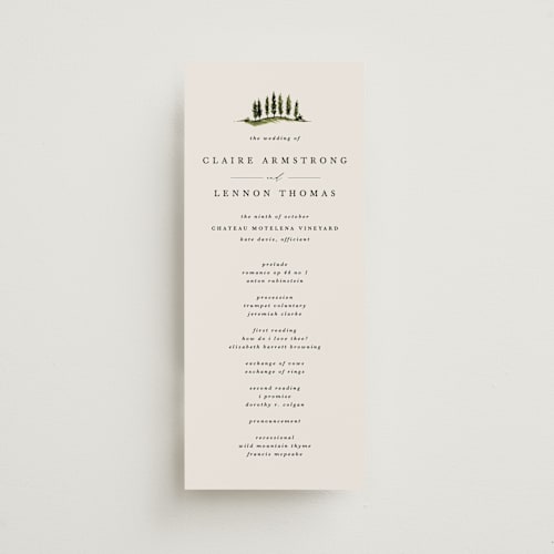 This is a creme unique wedding programs with standard by Kate Ahn called tuscan hill printing on signature in standard