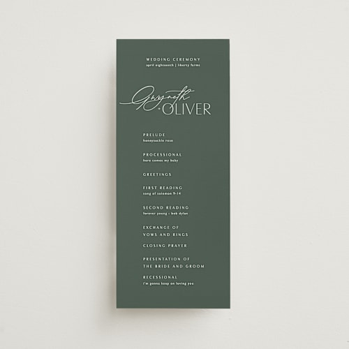 This is a forest unique wedding programs with standard by Kelly Schmidt called flip printing on signature in 4x9