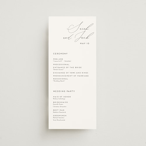 This is a tuxedo unique wedding programs with standard by Genna Blackburn called the script printing on signature in 4x9