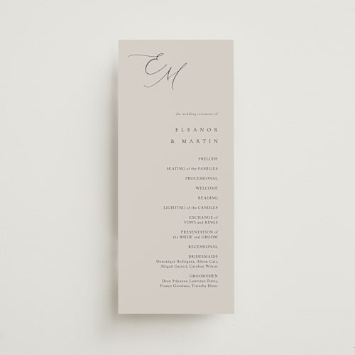 This is a mist unique wedding programs with standard by Kelly Schmidt called corner printing on signature in 4x9