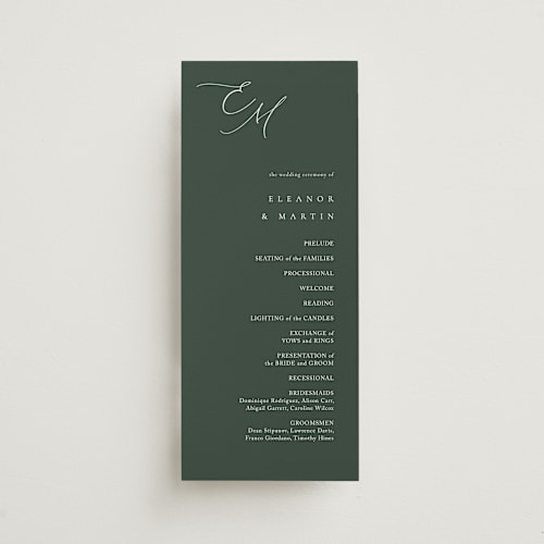 This is a forest unique wedding programs with standard by Kelly Schmidt called corner printing on signature in 4x9