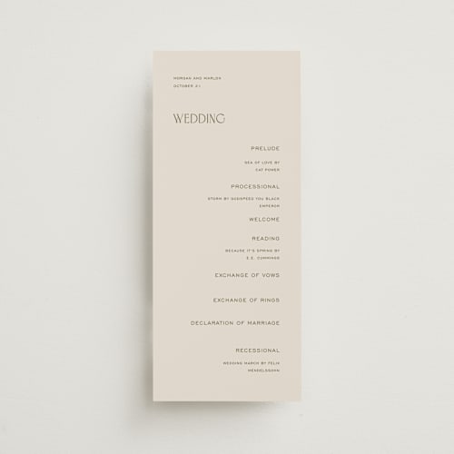 This is a vanilla bean unique wedding programs with standard by Pati Cascino called eisin printing on signature in 4x9