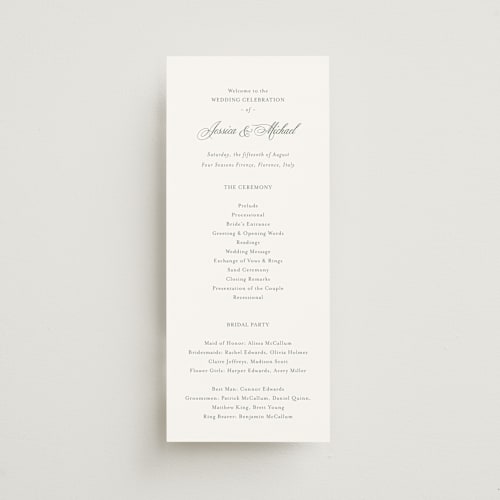 This is a sage unique wedding programs with standard by Jennifer Postorino called empire printing on signature in 4x9