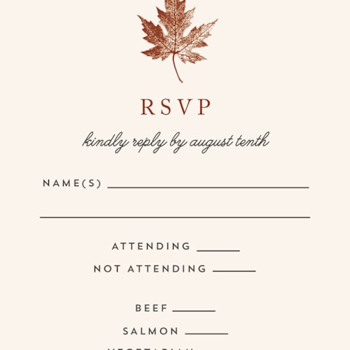 This is a rust rsvp postcards by Katharine Watson called leaf print printing on signature in postcard