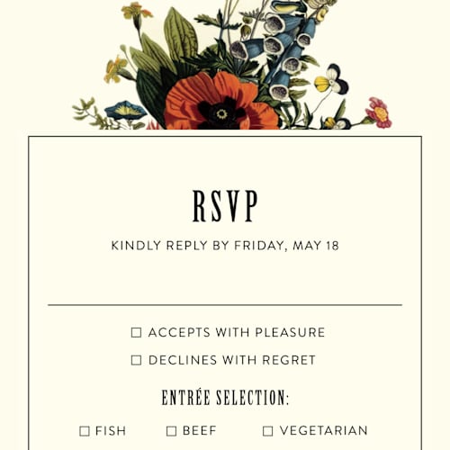 This is a vintage beige rsvp postcards by Alisa Wismer called vintage garden invite printing on signature in postcard