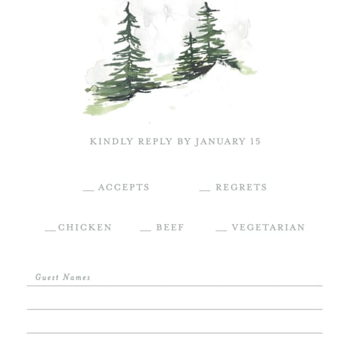 This is a fog rsvp postcards by Mere Paper called on the slopes printing on signature in postcard