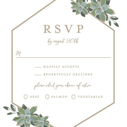This is a cloud rsvp postcards by Susan Moyal called succulent surround printing on signature in postcard