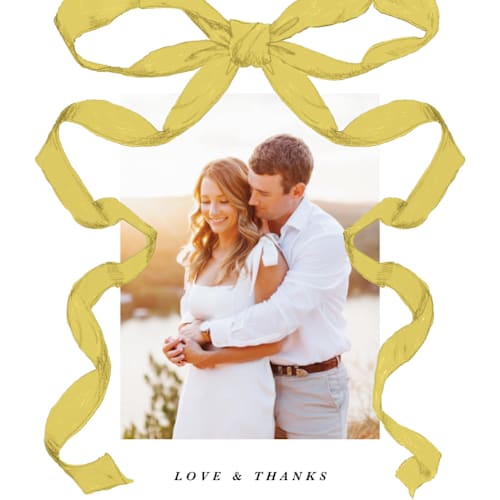 This is a citrine thank you postcards by Olivia Kanaley Inman called antique ribbon printing on signature in postcard