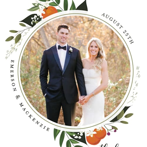 This is a pearl thank you postcards by Susan Moyal called orange blossoms printing on signature in postcard