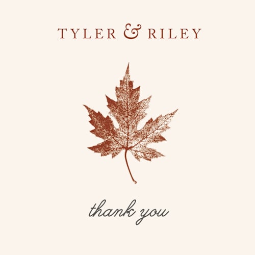 This is a rust thank you postcards by Katharine Watson called leaf print printing on signature in postcard