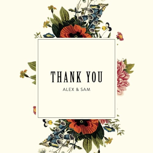 This is a vintage beige thank you postcards by Alisa Wismer called vintage garden invite printing on signature in postcard