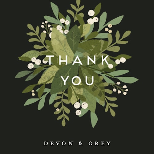 This is a midnight thank you postcards by Jennifer Wick called laurel of greens printing on signature in postcard