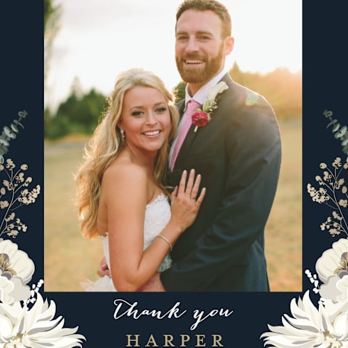 This is a winter white thank you postcards by Susan Moyal called peonies & berries printing on signature in postcard
