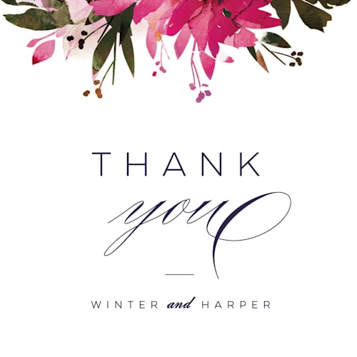 This is a fuchsia thank you postcards by Lori Wemple called peeking florals printing on signature in postcard
