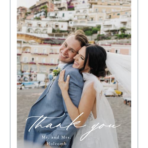 This is a dusty blue thank you postcards by Stacey Meacham called modern air printing on signature in postcard