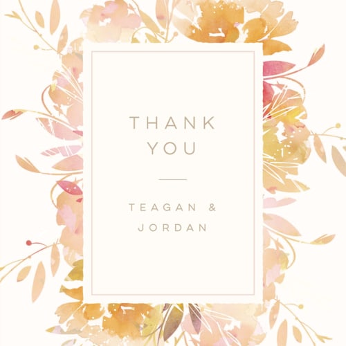 This is a peach thank you postcards by Lori Wemple called garden printing on signature in postcard