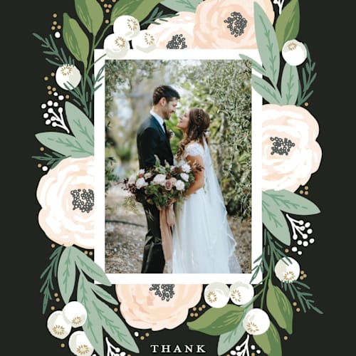 This is a charcoal thank you postcards by Alethea and Ruth called blooming bouquet printing on signature in postcard