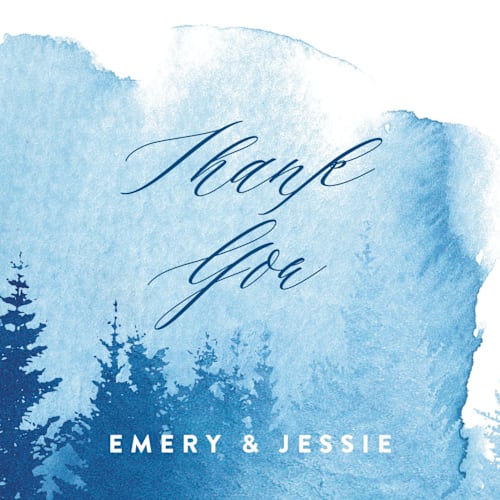 This is a navy thank you postcards by Ariel Rutland called misty forest printing on signature in postcard