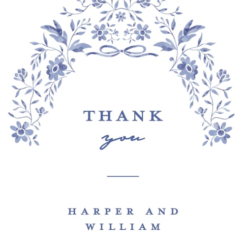 This is a blue willow thank you postcards by Susan Zinader called daisy toile printing on signature in postcard