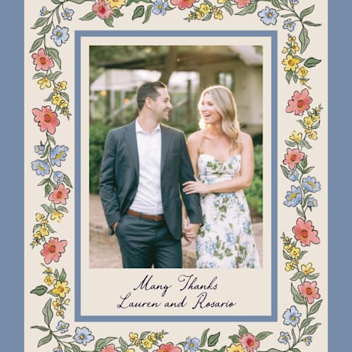 This is a cornflower thank you postcards by Chris Griffith called a wedding in low country printing on signature in postcard