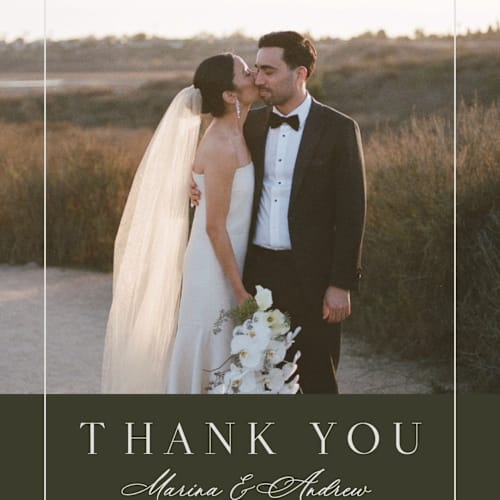 This is a deep olive thank you postcards by Nicole Walsh called refined printing on signature in postcard