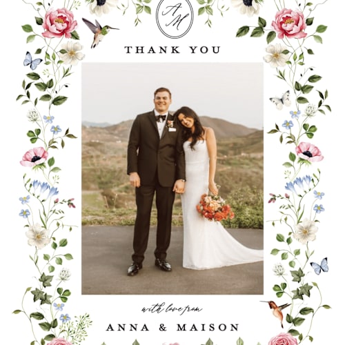 This is a peony thank you postcards with standard by Sarah Knight called ornate printing on signature in postcard